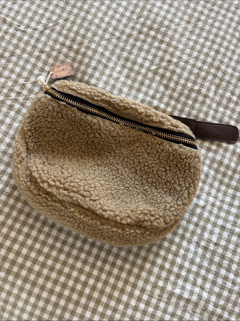 NATURAL LIFE Tan Sherpa Zip Pouch with Gold Hardware